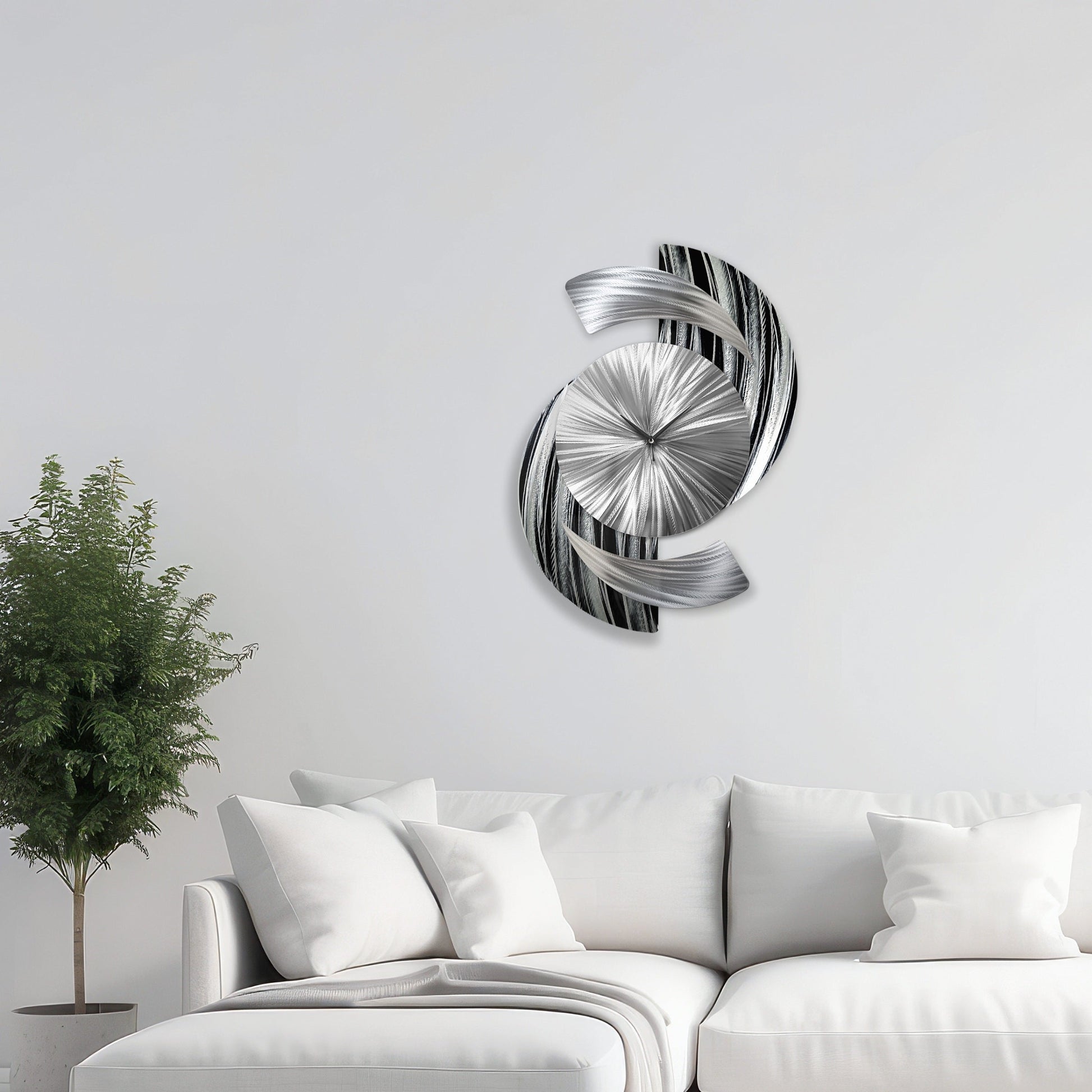 Abstract Black & Silver Metal Wall Clock Titled Elliptical - Modern Elements Metal Art - ME9627998
