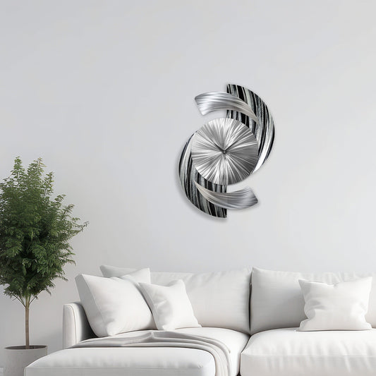 Abstract Black & Silver Metal Wall Clock Titled Elliptical - Modern Elements Metal Art - ME9627998