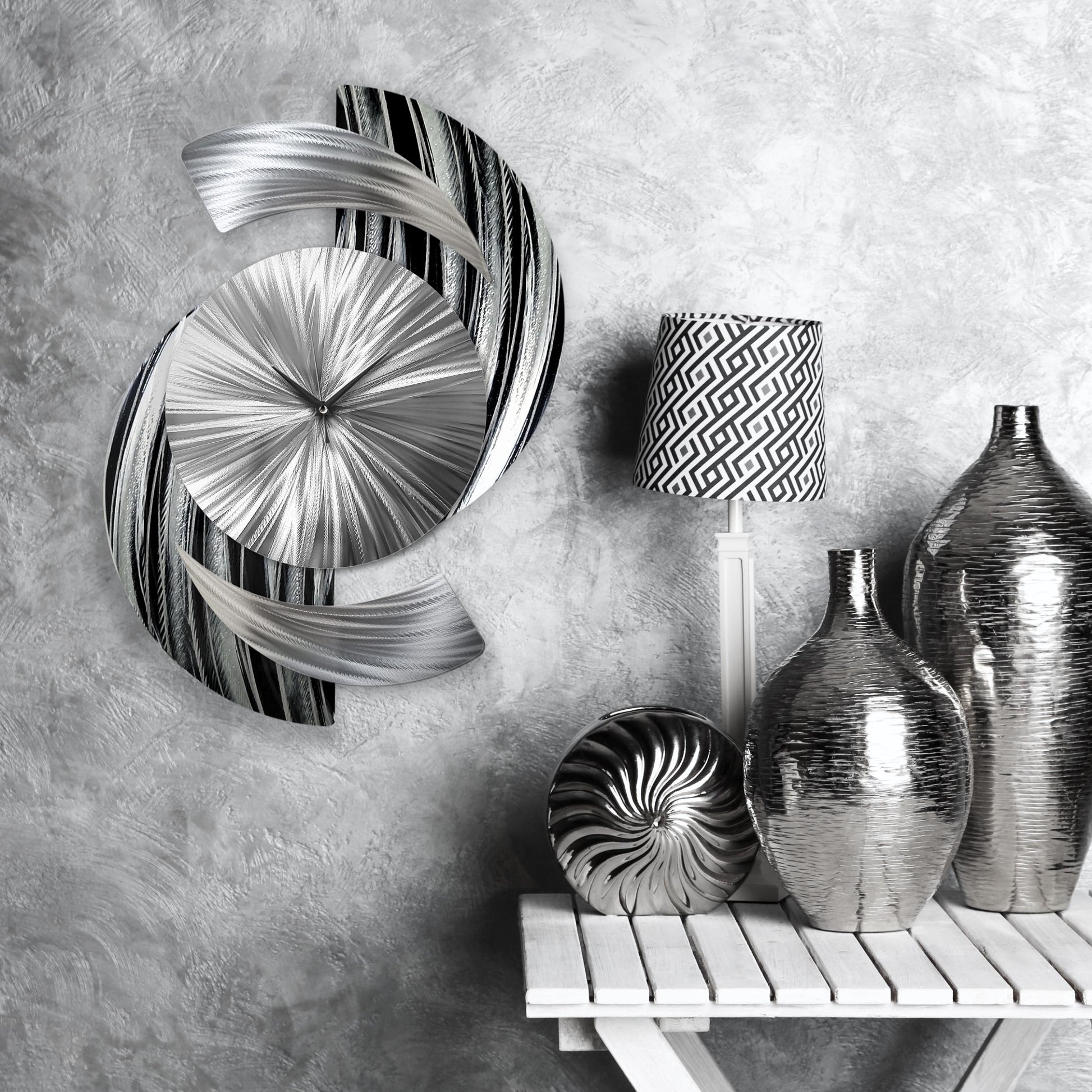 Abstract Black & Silver Metal Wall Clock Titled Elliptical - Modern Elements Metal Art - ME9627998