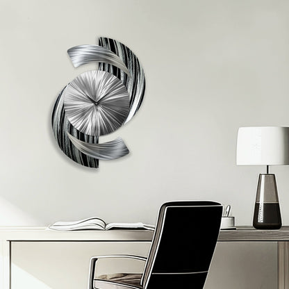 Abstract Black & Silver Metal Wall Clock Titled Elliptical - Modern Elements Metal Art - ME9627998