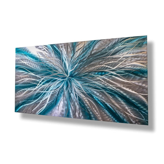 Abstract Teal & Silver Metal Wall Art – Handmade Modern Sculpture & Painting - Modern Elements Metal Art - ME72820617