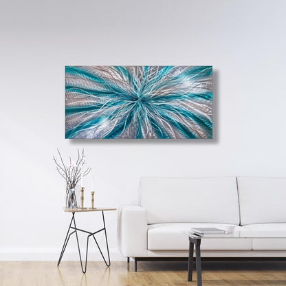 Abstract Teal & Silver Metal Wall Art – Handmade Modern Sculpture & Painting - Modern Elements Metal Art - ME72820617
