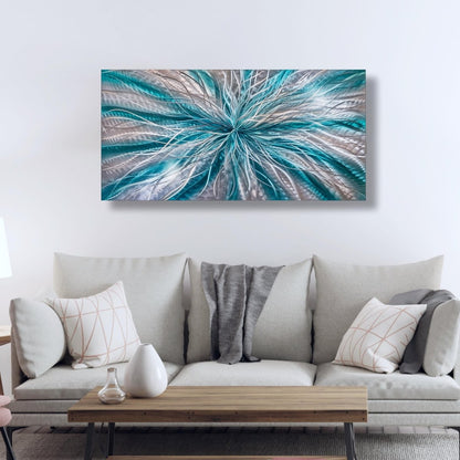 Abstract Teal & Silver Metal Wall Art – Handmade Modern Sculpture & Painting - Modern Elements Metal Art - ME72820617