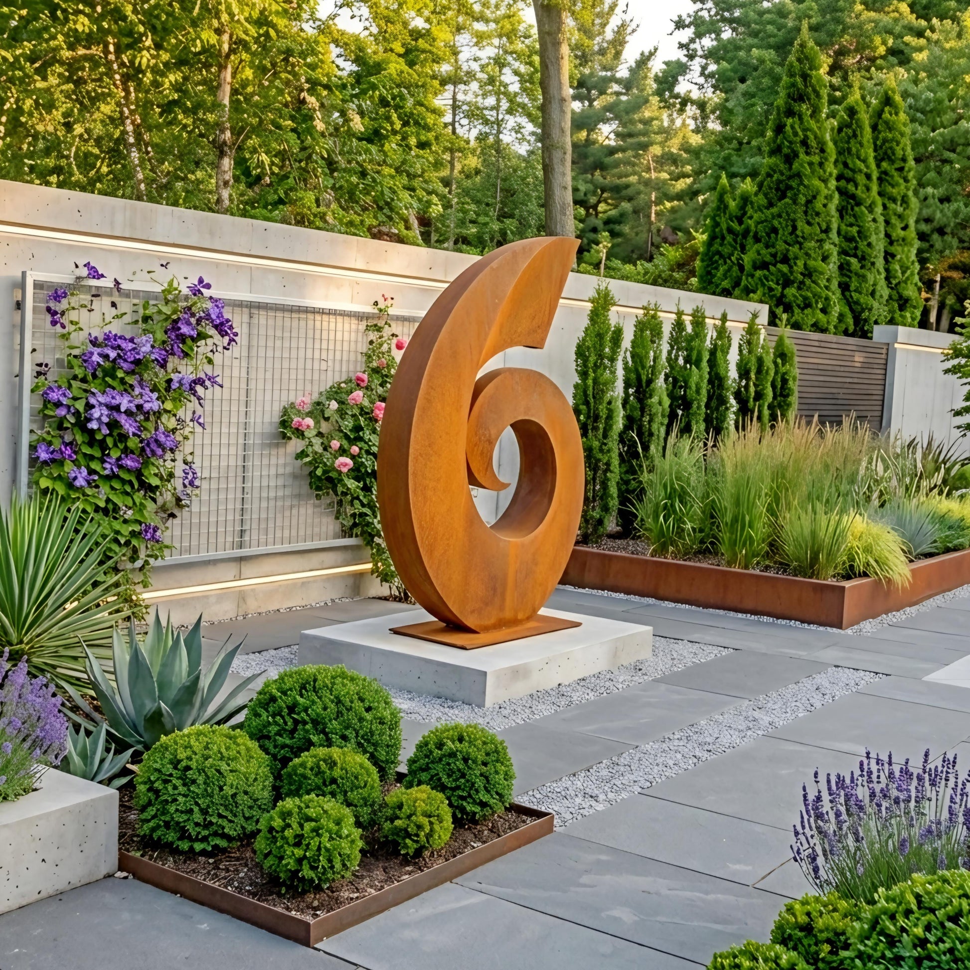 A large, abstract sculpture resembling a number 6 stands in a well-maintained garden with various plants and flowers surrounding it.