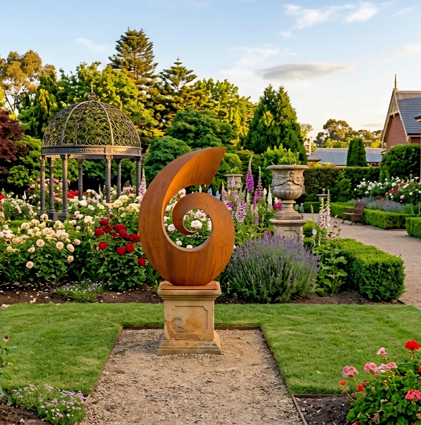A large, ornate metal sculpture stands in a well-manicured garden, surrounded by colorful flowers and lush greenery.