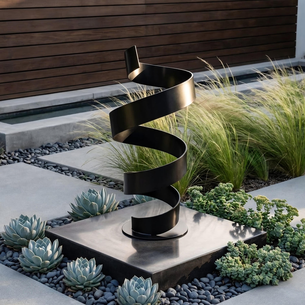 a modern black metal sculpture with a spiral shape, situated in a garden setting with various plants and rocks.