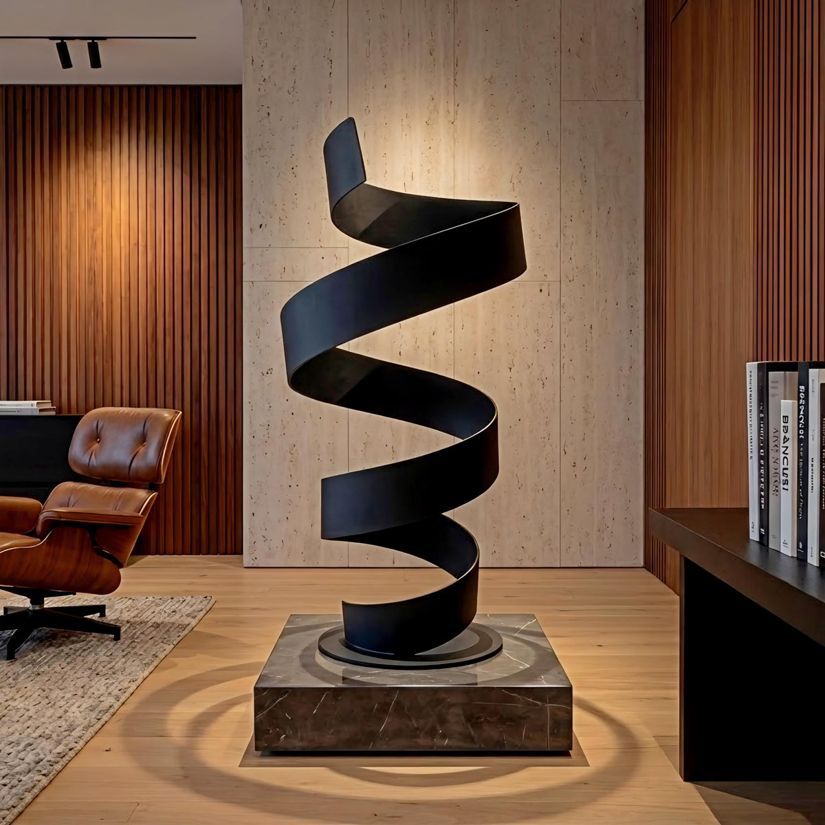 a modern living room with a unique spiral sculpture as the centerpiece. The room has a wooden wall, a leather chair, and a bookshelf with several books on it. The spiral sculpture is placed on a marble base, creating a striking visual contrast with the surrounding furniture and decor.