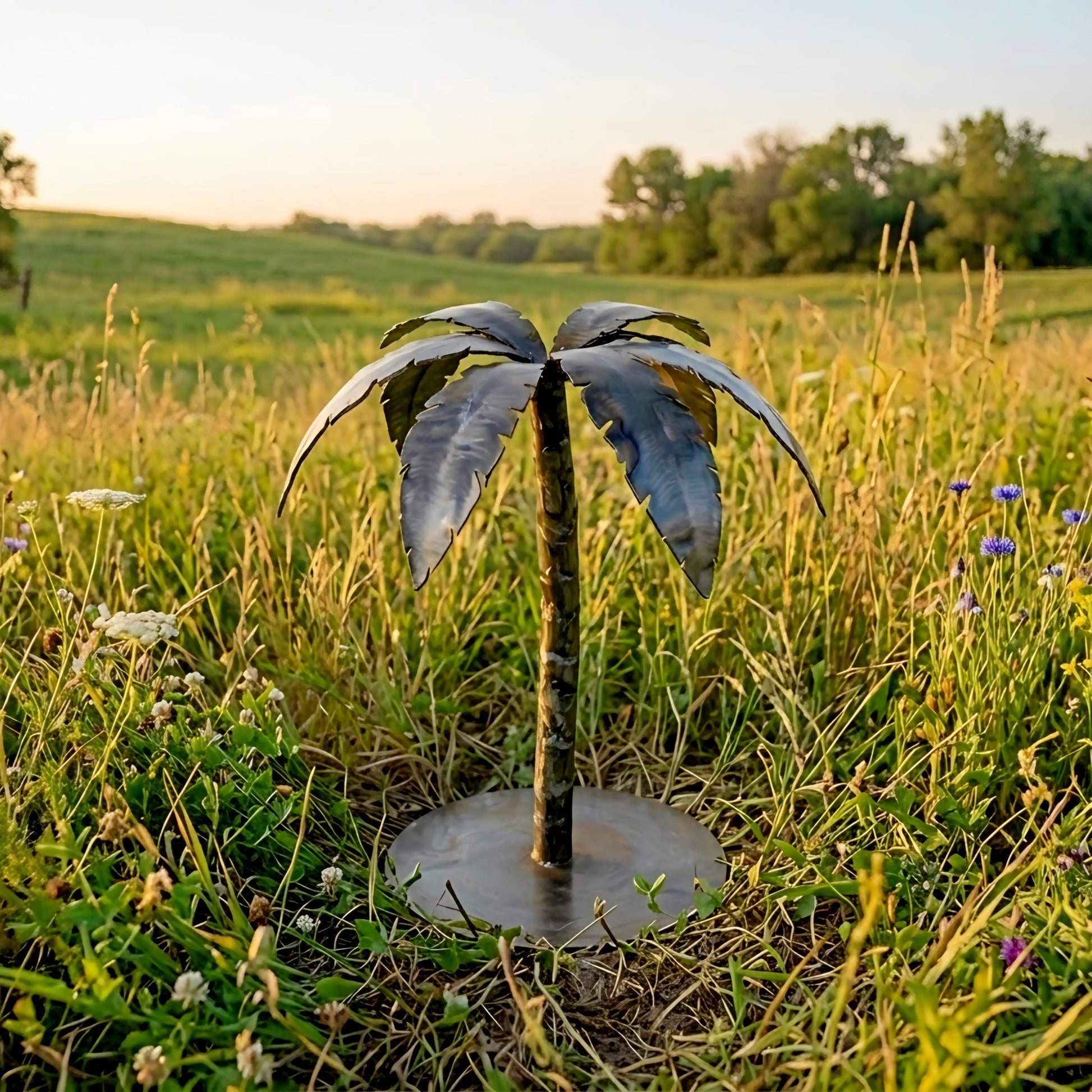 A metal sculpture of a palm tree stands in a grassy field, surrounded by wildflowers and trees in the background.