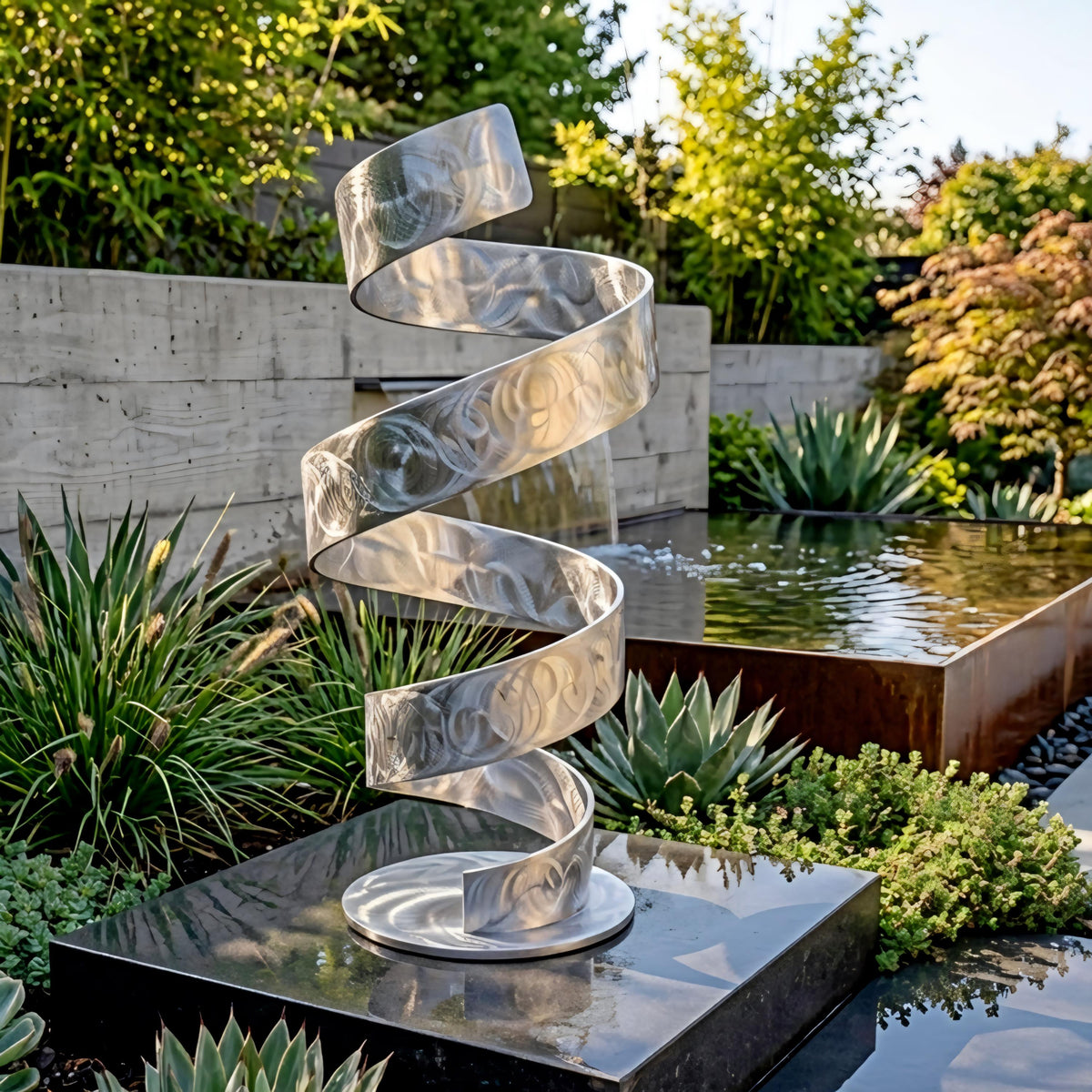 a modern, abstract metal sculpture with a spiral-like design, situated in a lush garden setting with a pond and various plants.