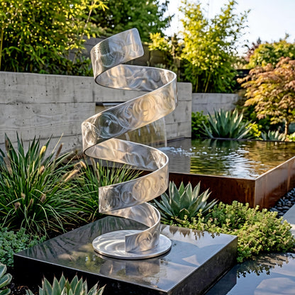 a modern, abstract metal sculpture with a spiral-like design, situated in a lush garden setting with a pond and various plants.