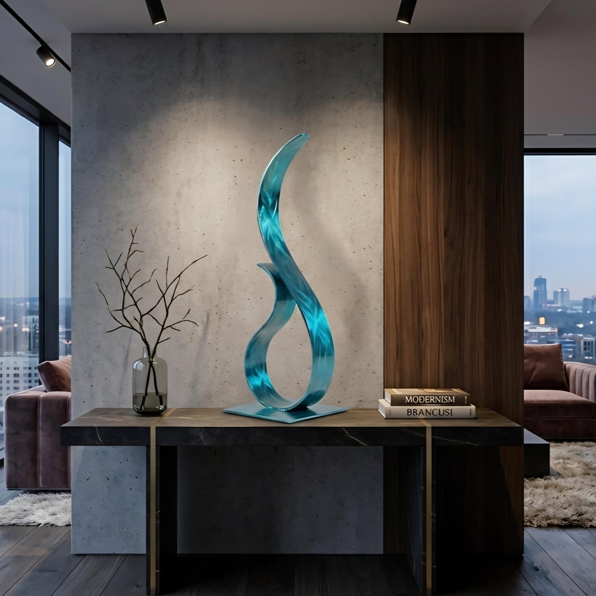 a modern living room with a large abstract sculpture in a blue color, a vase with branches, and a wooden sideboard with books.