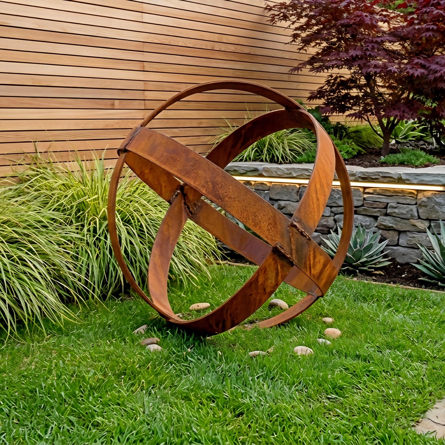 A large, rusted metal sculpture resembling a sphere or planet stands in a well-maintained garden, surrounded by lush greenery and a stone wall.