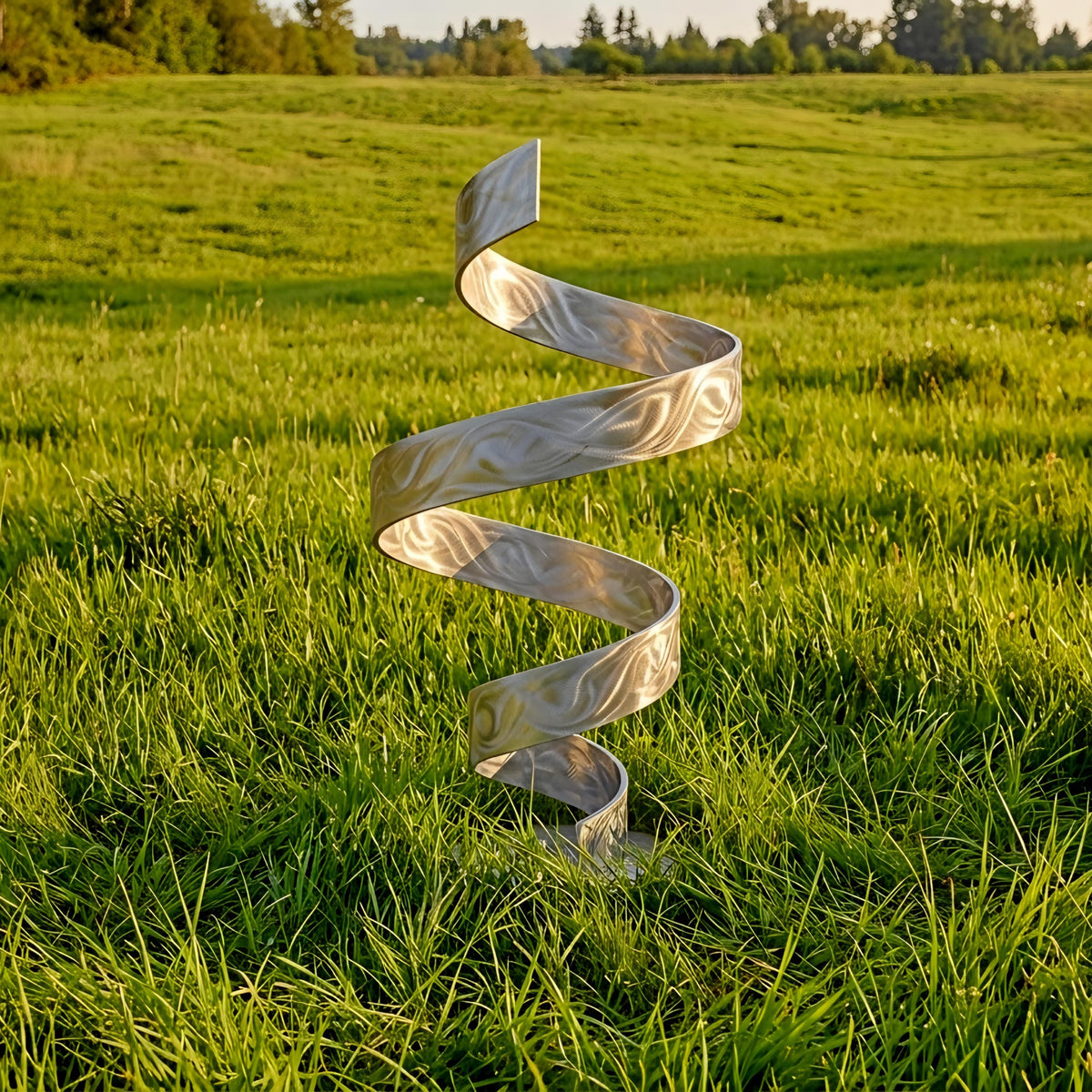 A metal spiral sculpture stands in a grassy field, its intricate design contrasting with the surrounding greenery.