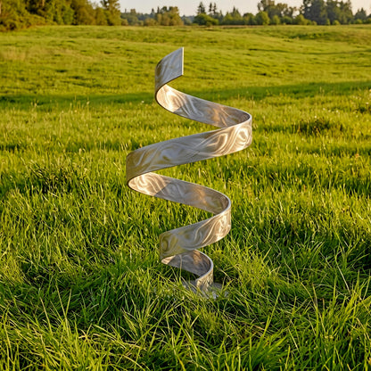 A metal spiral sculpture stands in a grassy field, its intricate design contrasting with the surrounding greenery.