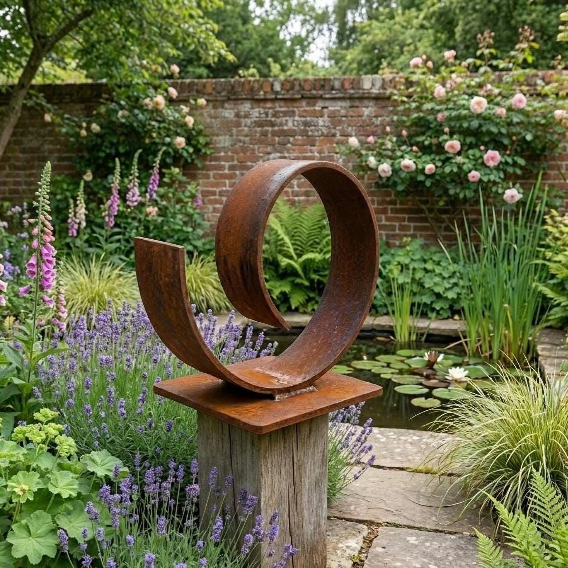 A rust-colored metal sculpture in a garden, surrounded by lush greenery, pink flowers, and a pond with lily pads.