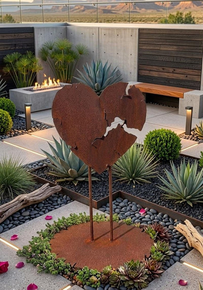 a rust-colored metal heart-shaped sculpture surrounded by a circular arrangement of succulents and other plants in a garden setting.