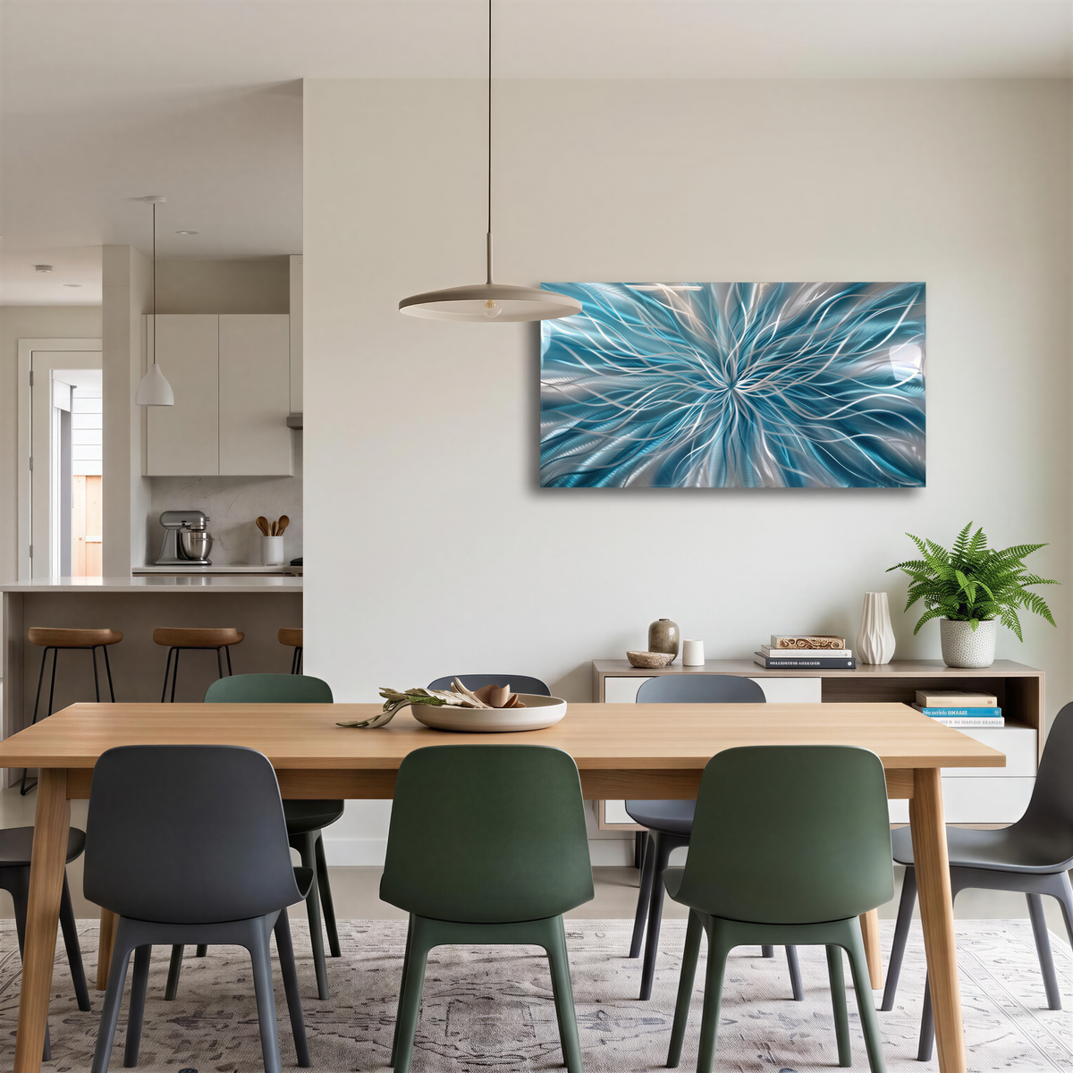a dining room table with chairs and a painting on the wall