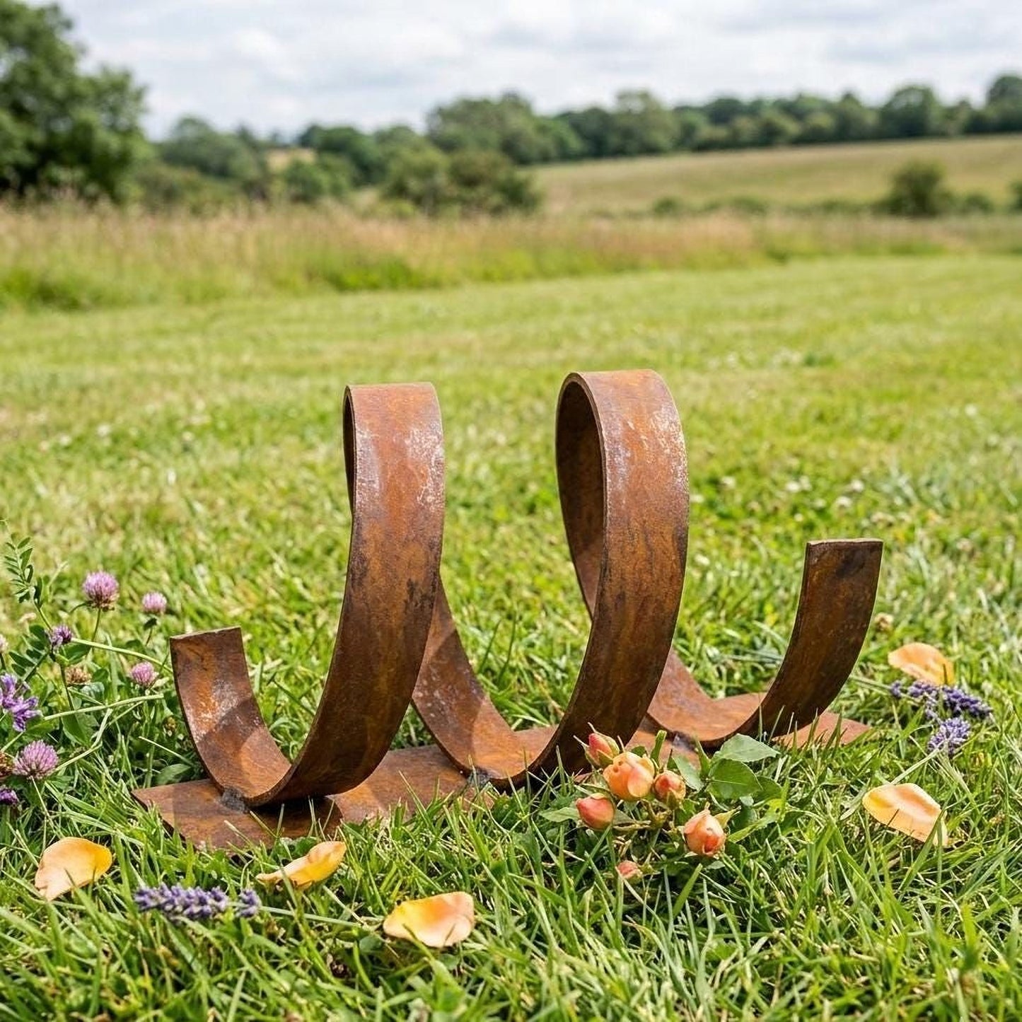 A rusted metal sculpture resembling a coiled spring rests in a grassy field, surrounded by purple flowers and yellow petals.