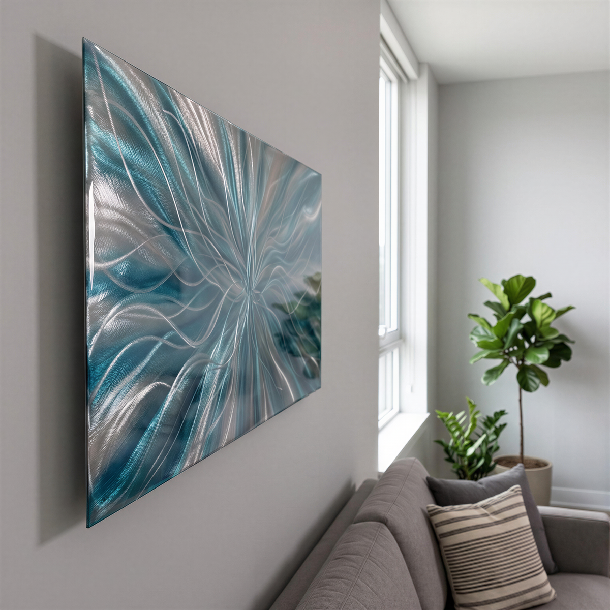 a living room with a couch and a painting on the wall
