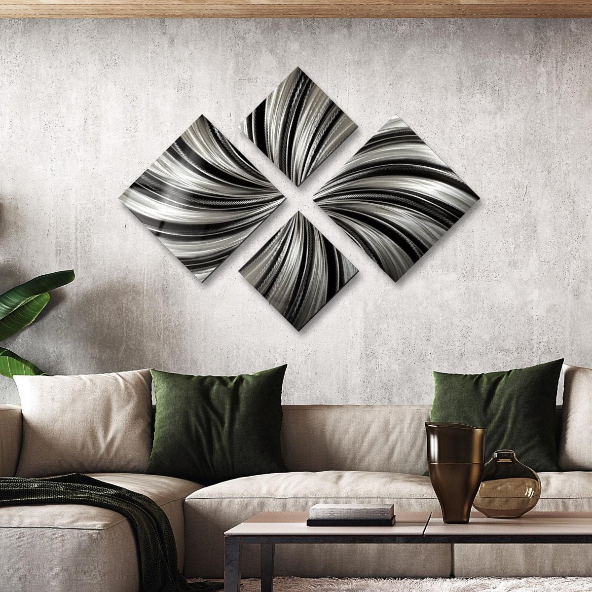 Black & Silver Metal Wall Art Set of 4 Wall Sculpture, Modern Art for Room Decor - Modern Elements Metal Art - ME4U1SX
