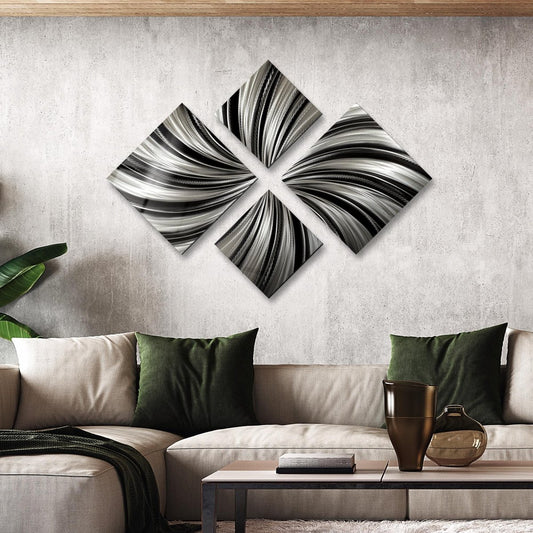 Black & Silver Metal Wall Art Set of 4 Wall Sculpture, Modern Art for Room Decor - Modern Elements Metal Art - ME4U1SX
