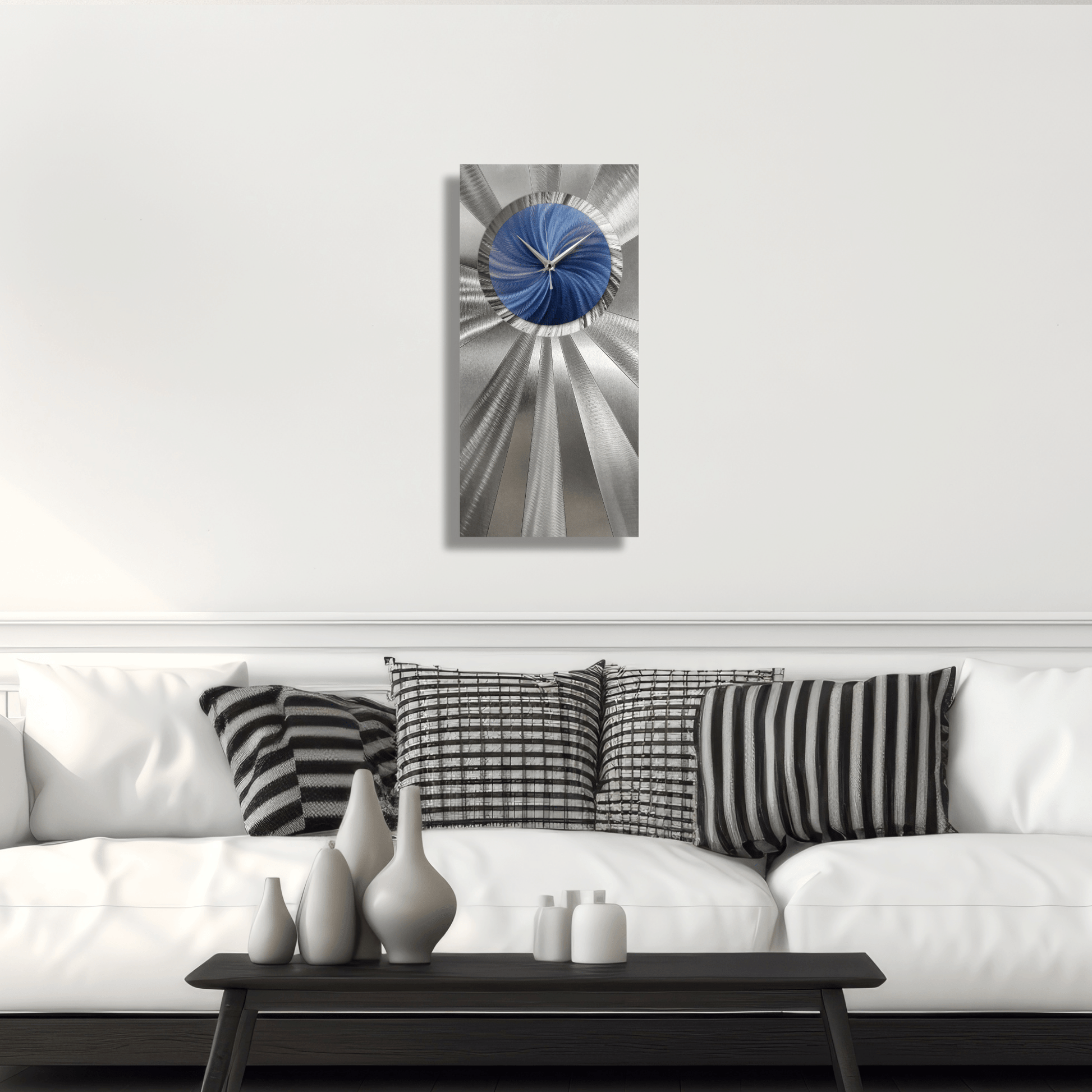 Blue and Silver Wall Clock Titled "Elemental" - Modern Elements Metal Art - ME0532
