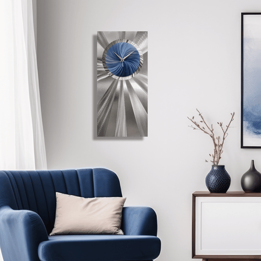 Blue and Silver Wall Clock Titled "Elemental" - Modern Elements Metal Art - ME0532