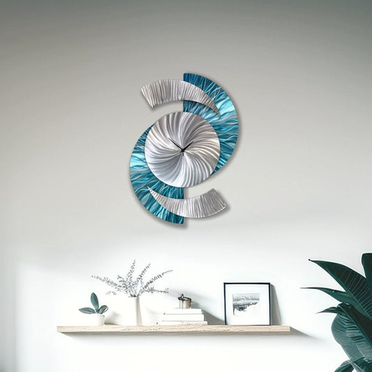 Blue & Silver Metal Wall Clock – Unique Abstract Wall Sculpture for Home or Office 18x24" - Modern Elements Metal Art - INV69932SM