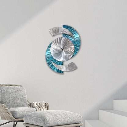 Blue & Silver Metal Wall Clock – Unique Abstract Wall Sculpture for Home or Office 18x24" - Modern Elements Metal Art - INV69932SM