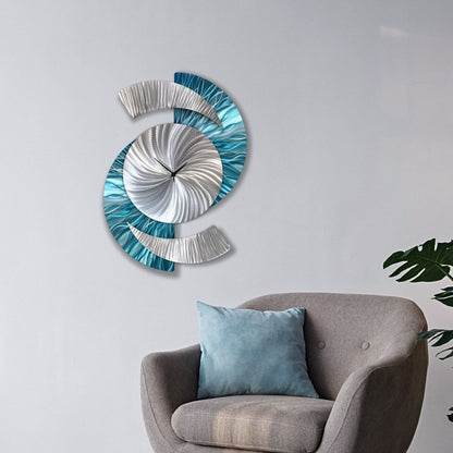 Blue & Silver Metal Wall Clock – Unique Abstract Wall Sculpture for Home or Office 18x24" - Modern Elements Metal Art - INV69932SM