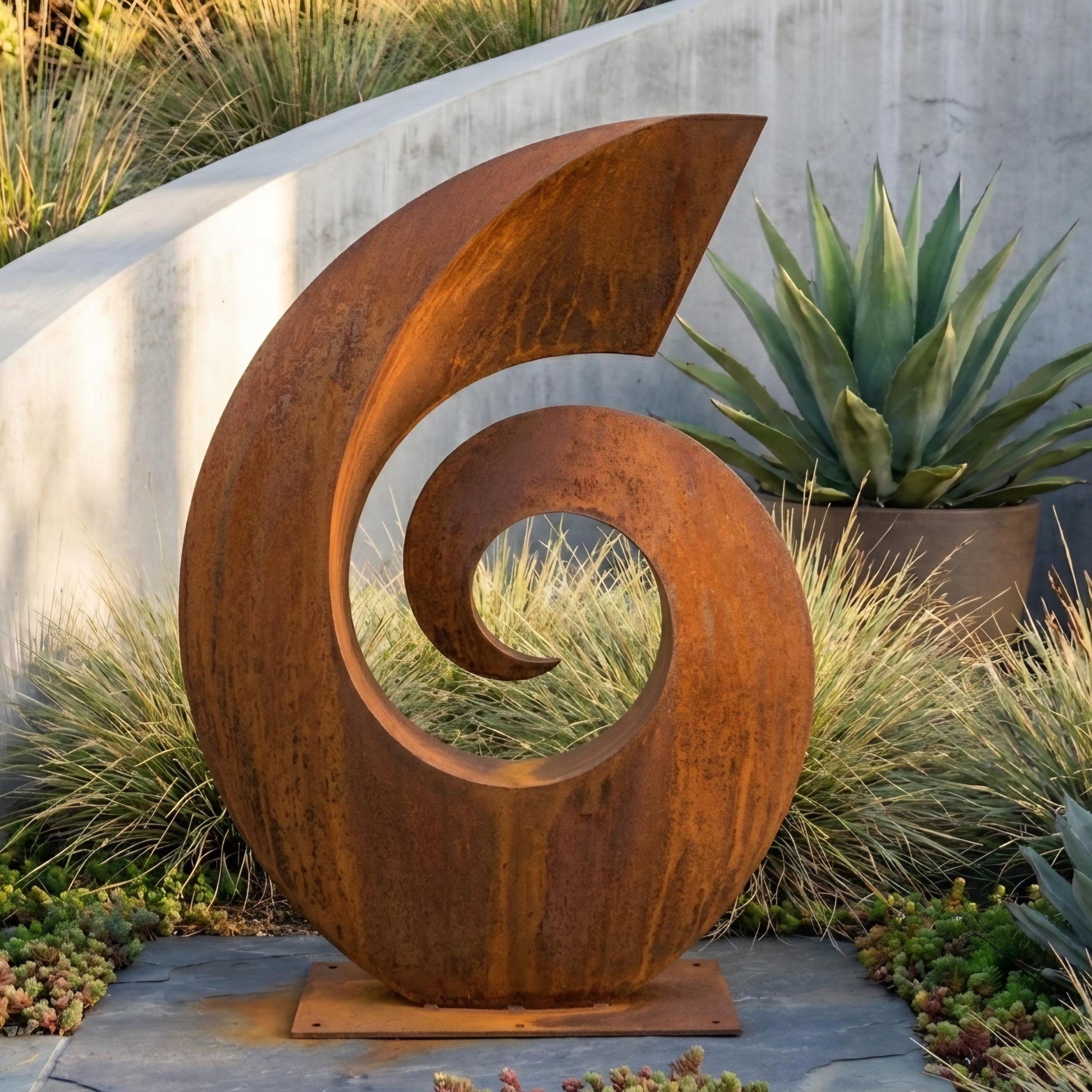 a large, rusted metal sculpture of a spiral shape, situated in a garden setting with a cactus plant and other greenery in the background.