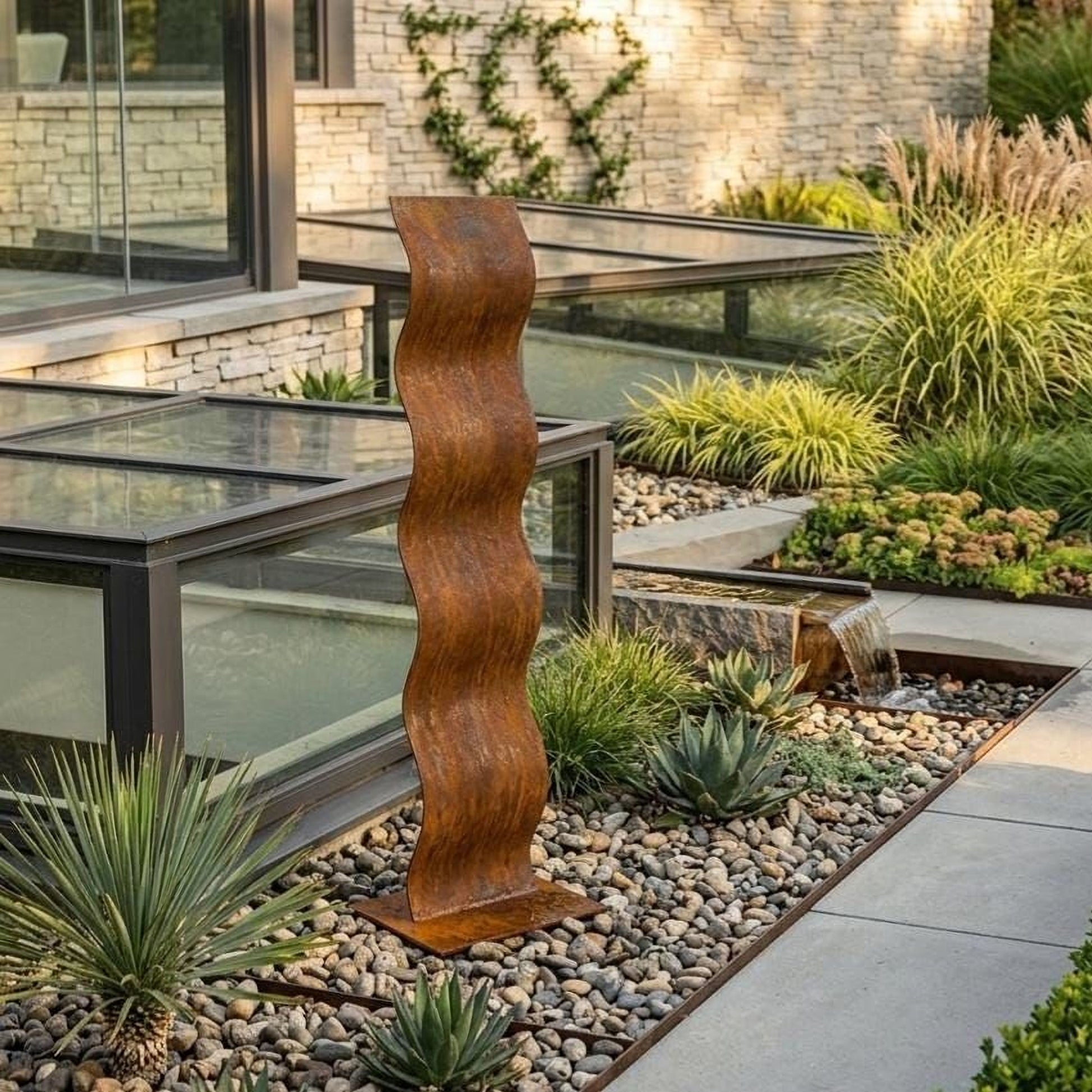 a modern garden design with a tall, curvy metal sculpture as the focal point. The garden is surrounded by a variety of plants, including succulents and other greenery, creating a lush and vibrant landscape. The garden is situated in front of a building, adding an urban touch to the natural setting.