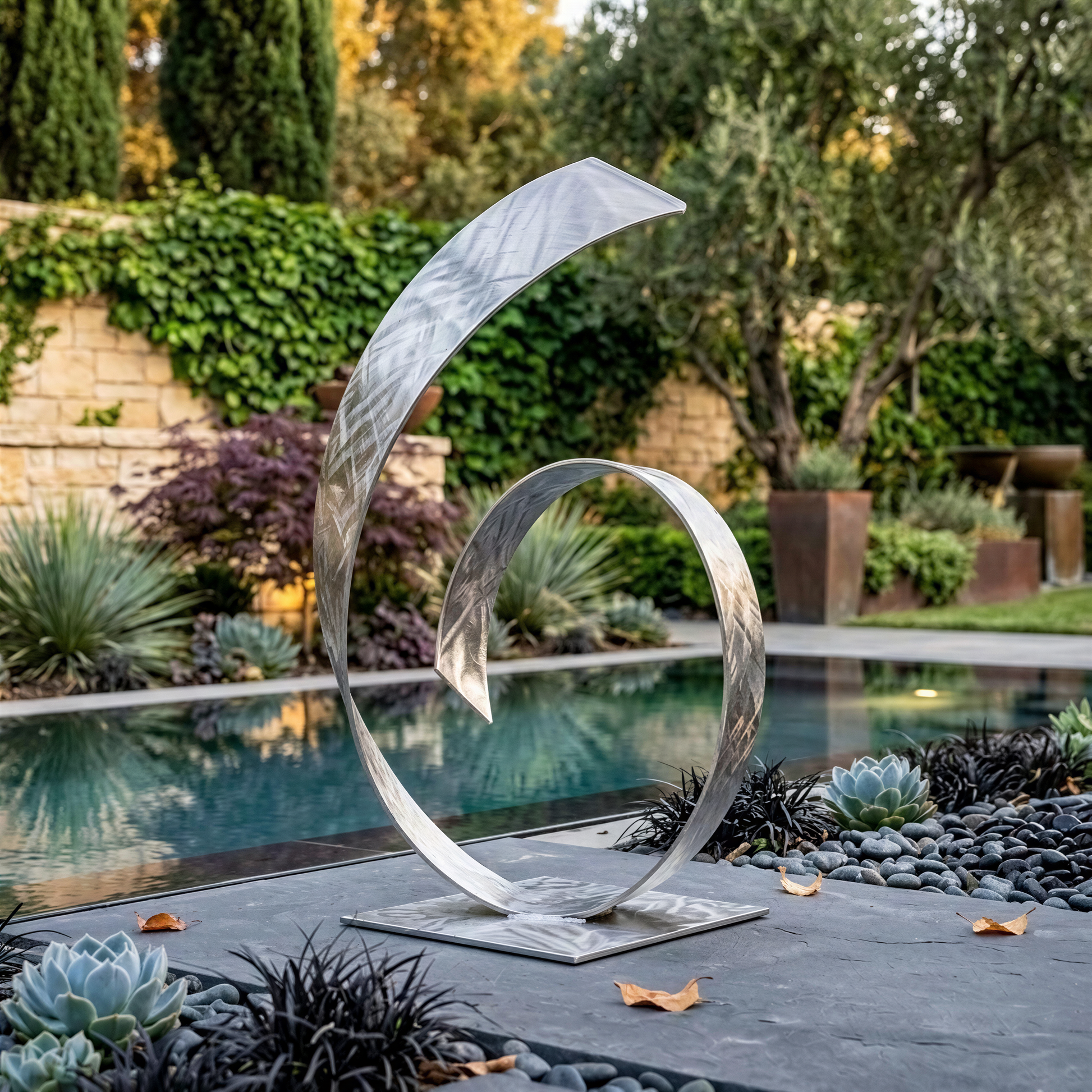 a modern, abstract metal sculpture situated in a garden near a pool. The sculpture has a unique, curved design that adds an artistic touch to the outdoor space.