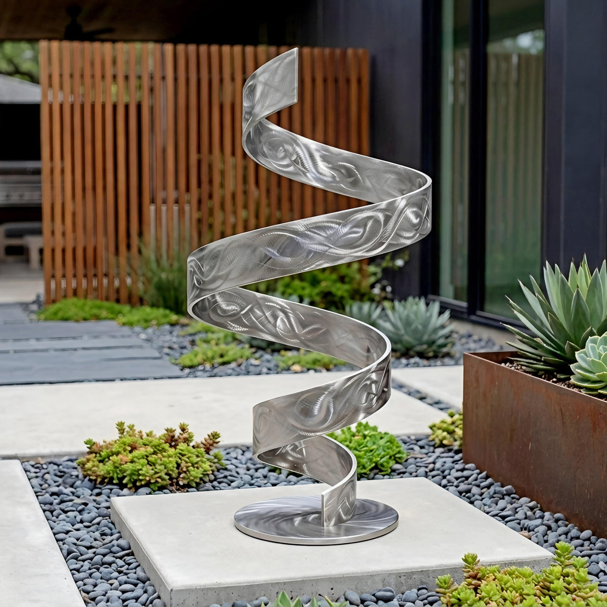a modern, abstract metal sculpture with a spiral design, situated in a garden setting with various plants and a wooden fence.