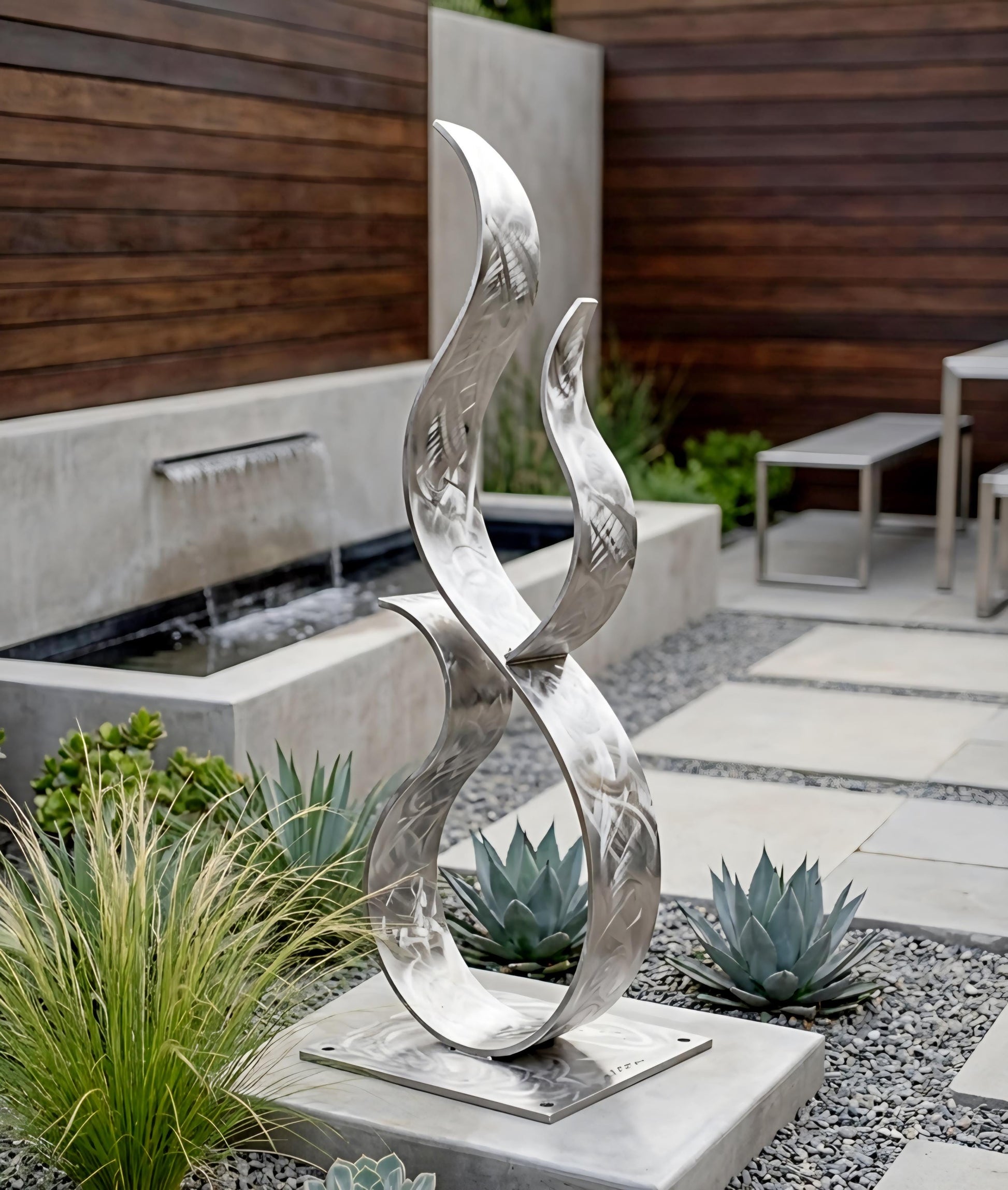 a modern outdoor sculpture composed of two curved metallic elements, situated in a garden setting with a water feature and some plants.