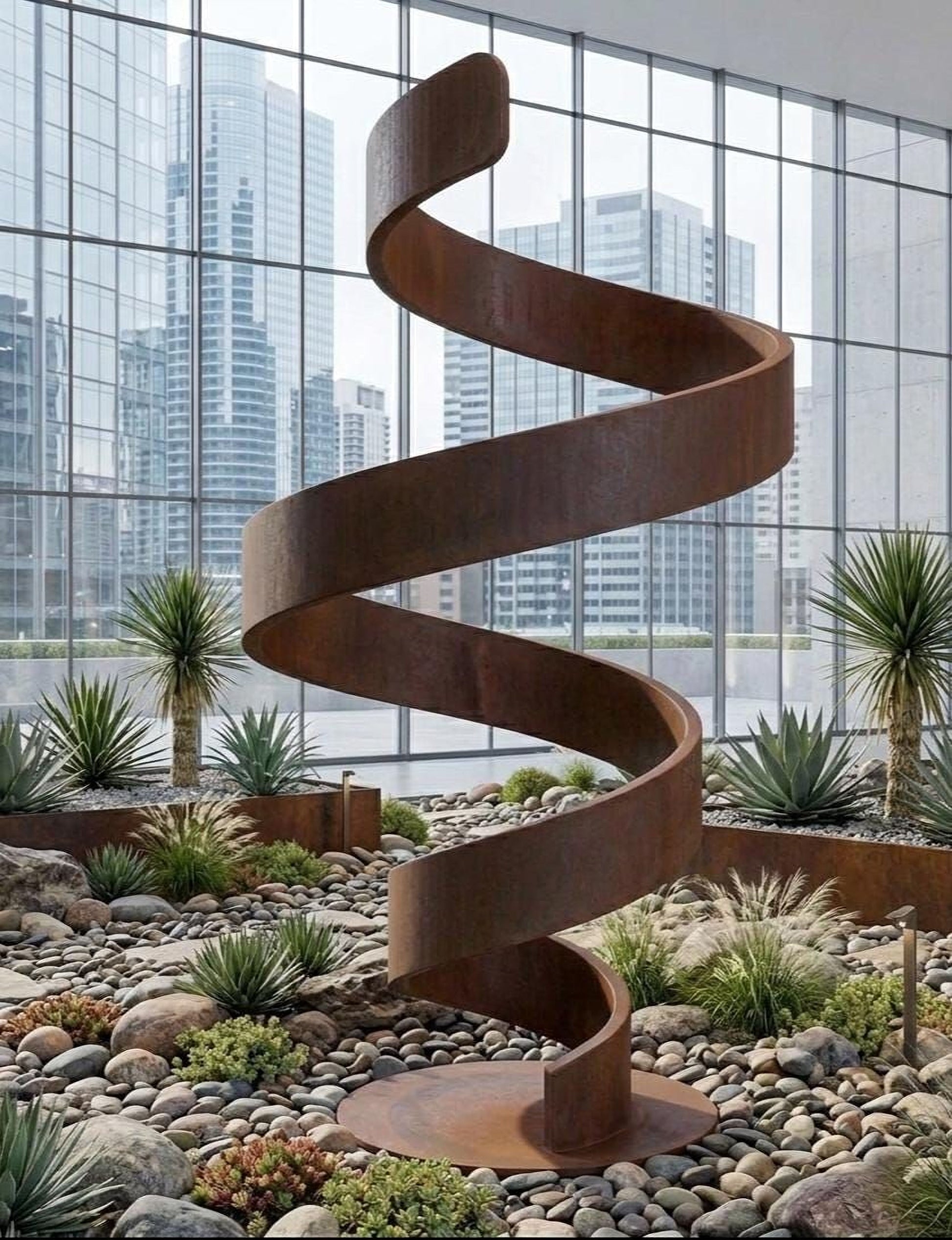 a large spiral sculpture made of rusted metal, situated in a modern indoor garden setting with various plants and rocks.