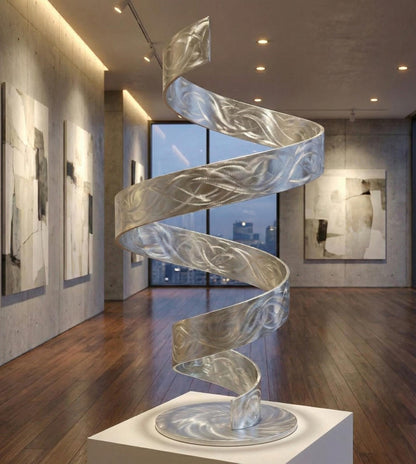 Silver Metal Sculpture: Handcrafted Luxury Modern Art Twist, Indoor or Outdoor