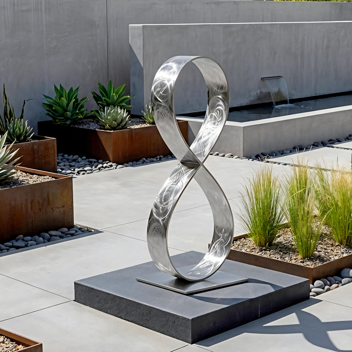a modern outdoor sculpture composed of a large metal ring with a smaller metal ring inside it, situated on a black pedestal in a garden setting.