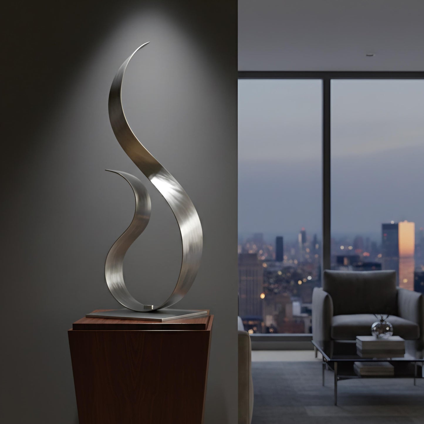 a modern, minimalist living room with a large window offering a view of a city skyline at dusk. The room is furnished with a sofa, a coffee table, and a sculpture on a wooden pedestal.