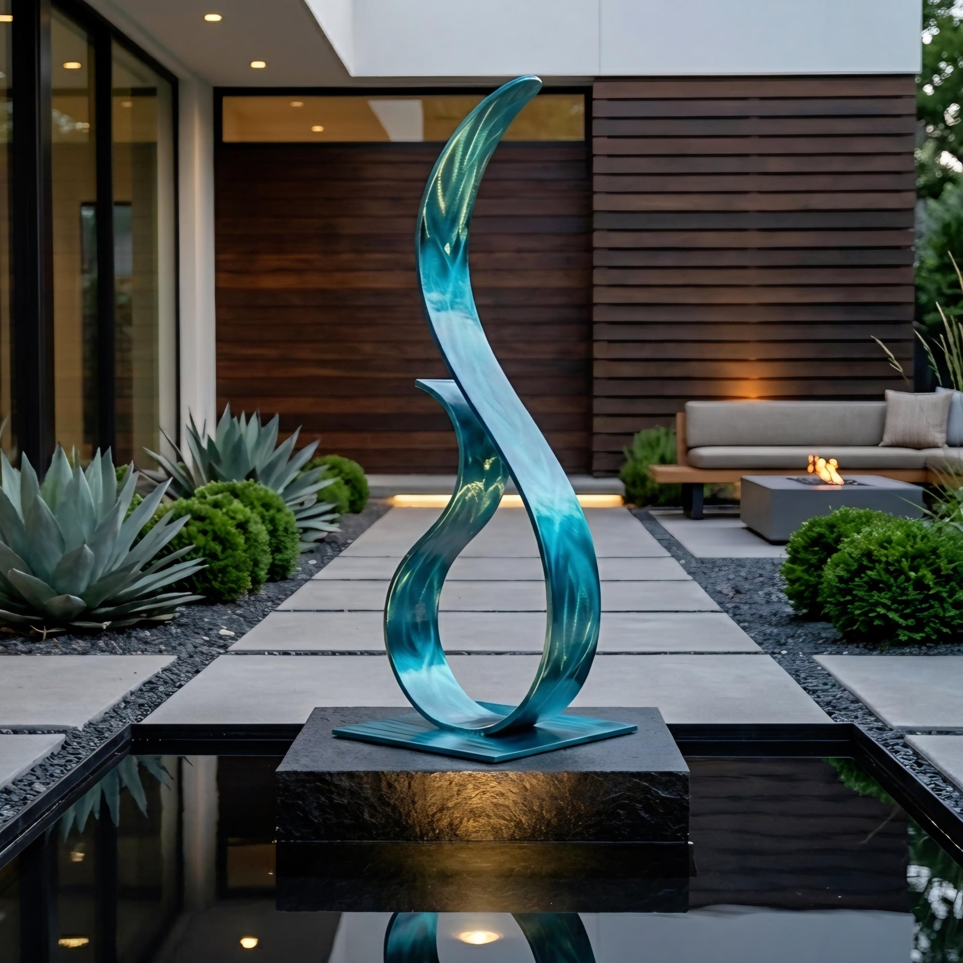 a modern outdoor sculpture situated in a garden setting.