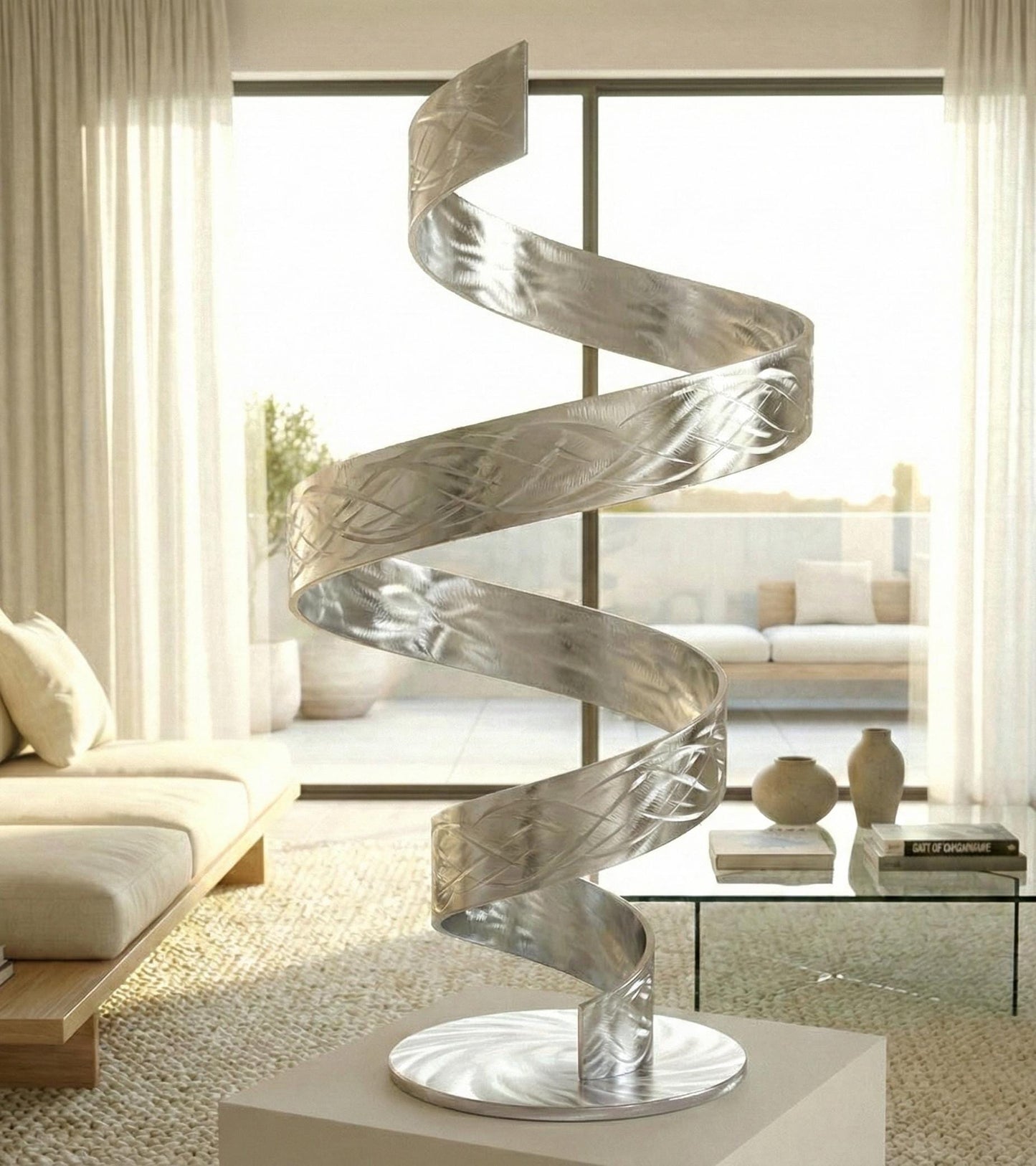 Silver Metal Sculpture: Handcrafted Luxury Modern Art Twist, Indoor or Outdoor