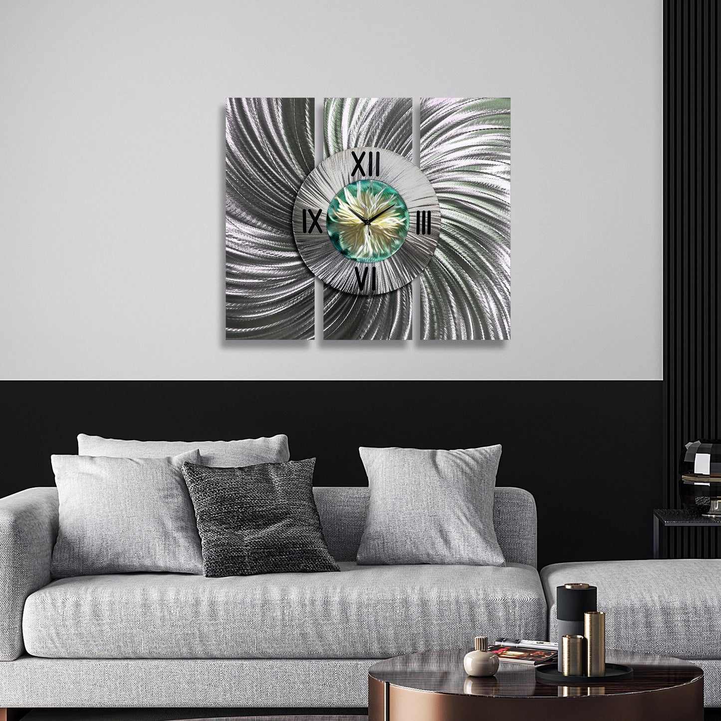 Contemporary Wall Clock Titled Sterling Bloom set - Modern Elements Metal Art - ME673567