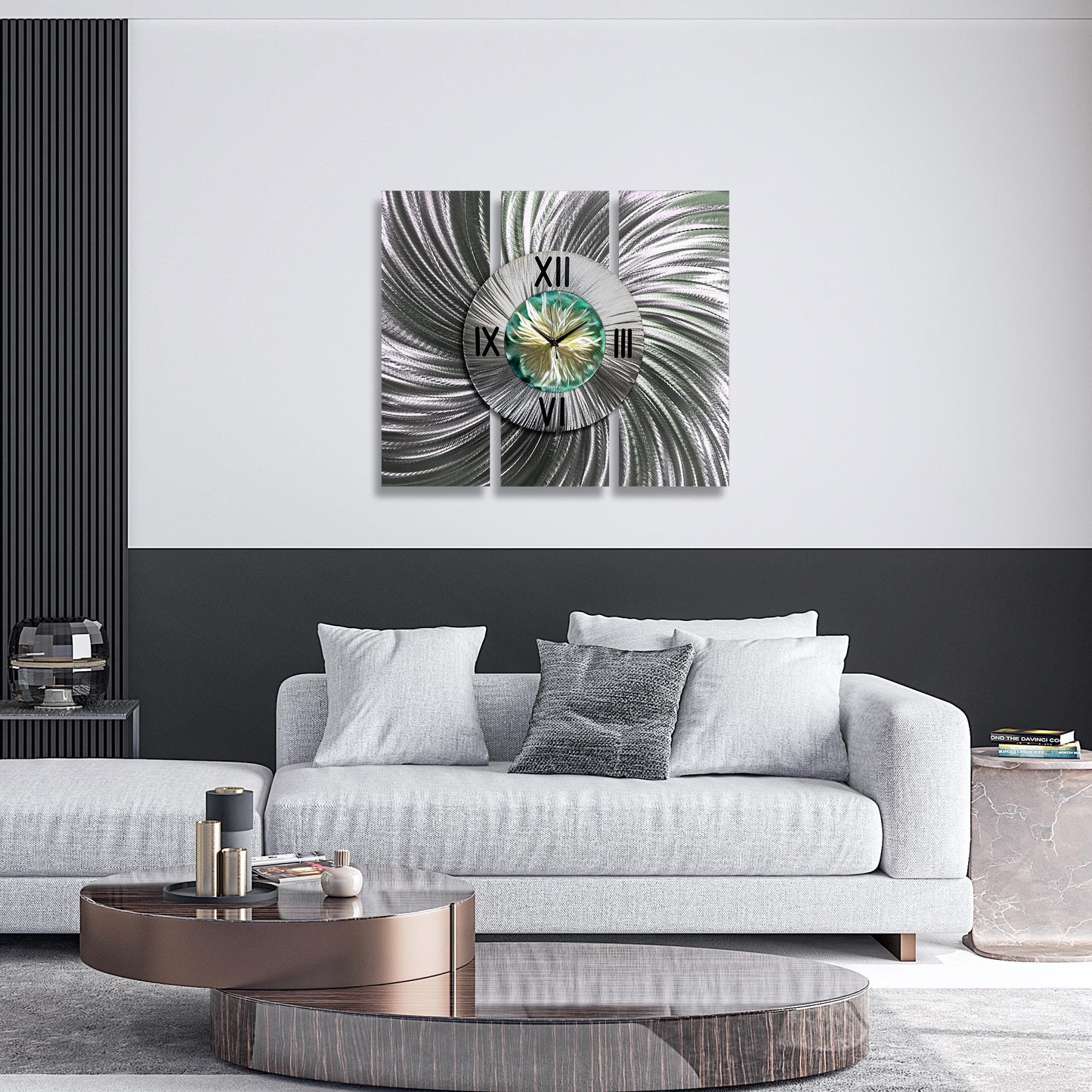 Contemporary Wall Clock Titled Sterling Bloom set - Modern Elements Metal Art - ME673567