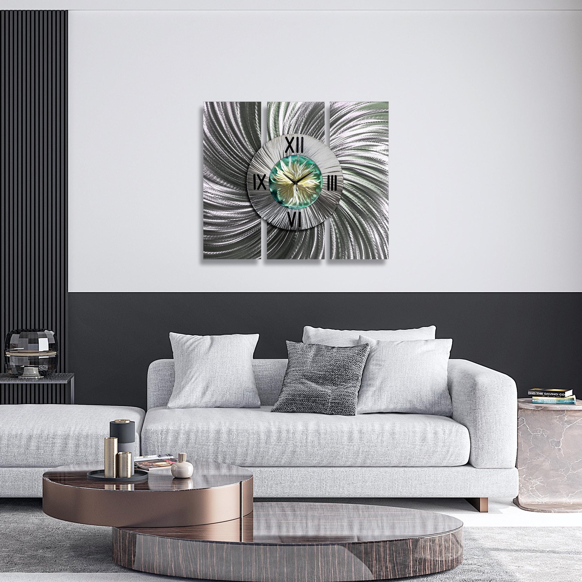 Contemporary Wall Clock Titled Sterling Bloom set - Modern Elements Metal Art - ME673567