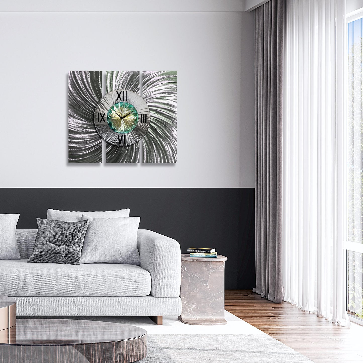 Contemporary Wall Clock Titled Sterling Bloom set - Modern Elements Metal Art - ME673567