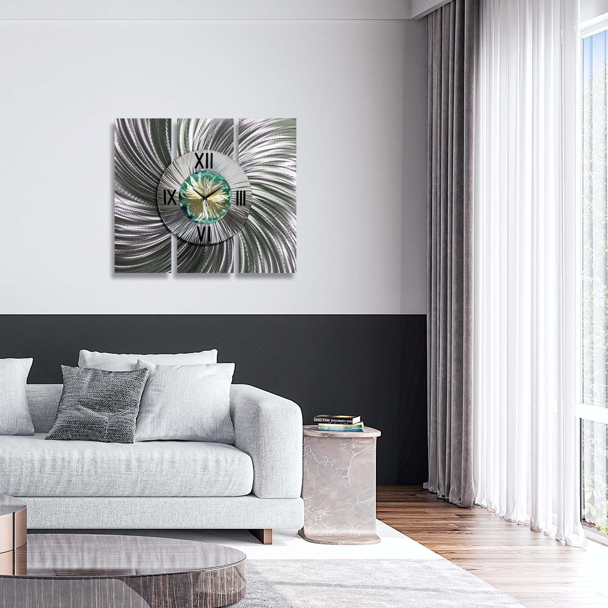 Contemporary Wall Clock Titled Sterling Bloom set - Modern Elements Metal Art - ME673567