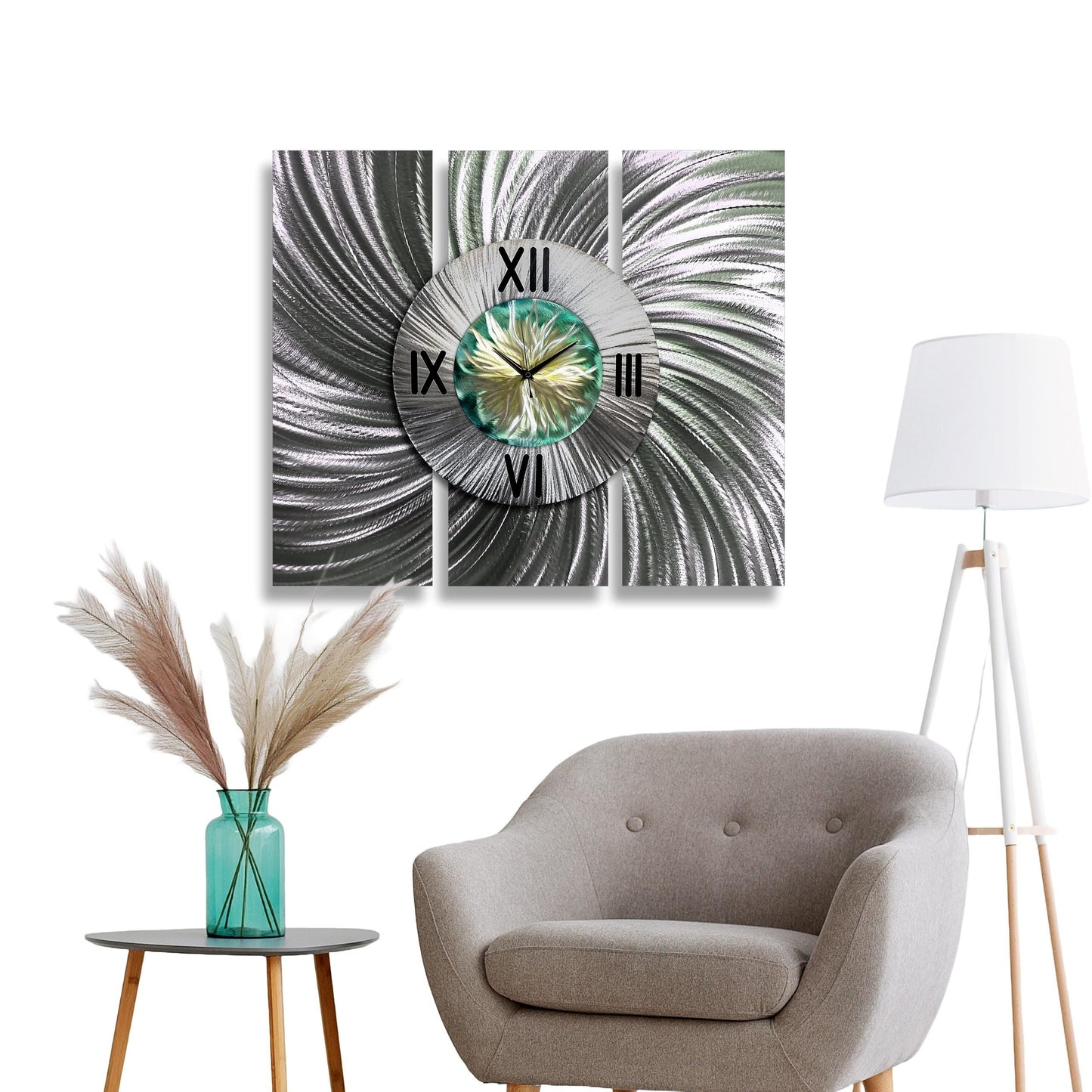 Contemporary Wall Clock Titled Sterling Bloom set - Modern Elements Metal Art - ME673567