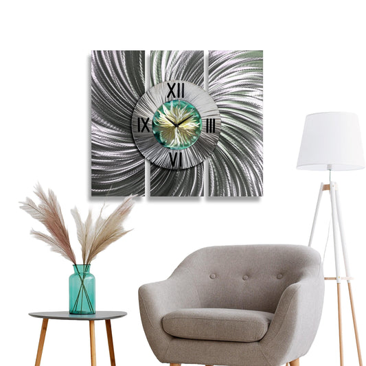 Contemporary Wall Clock Titled Sterling Bloom set - Modern Elements Metal Art - ME673567