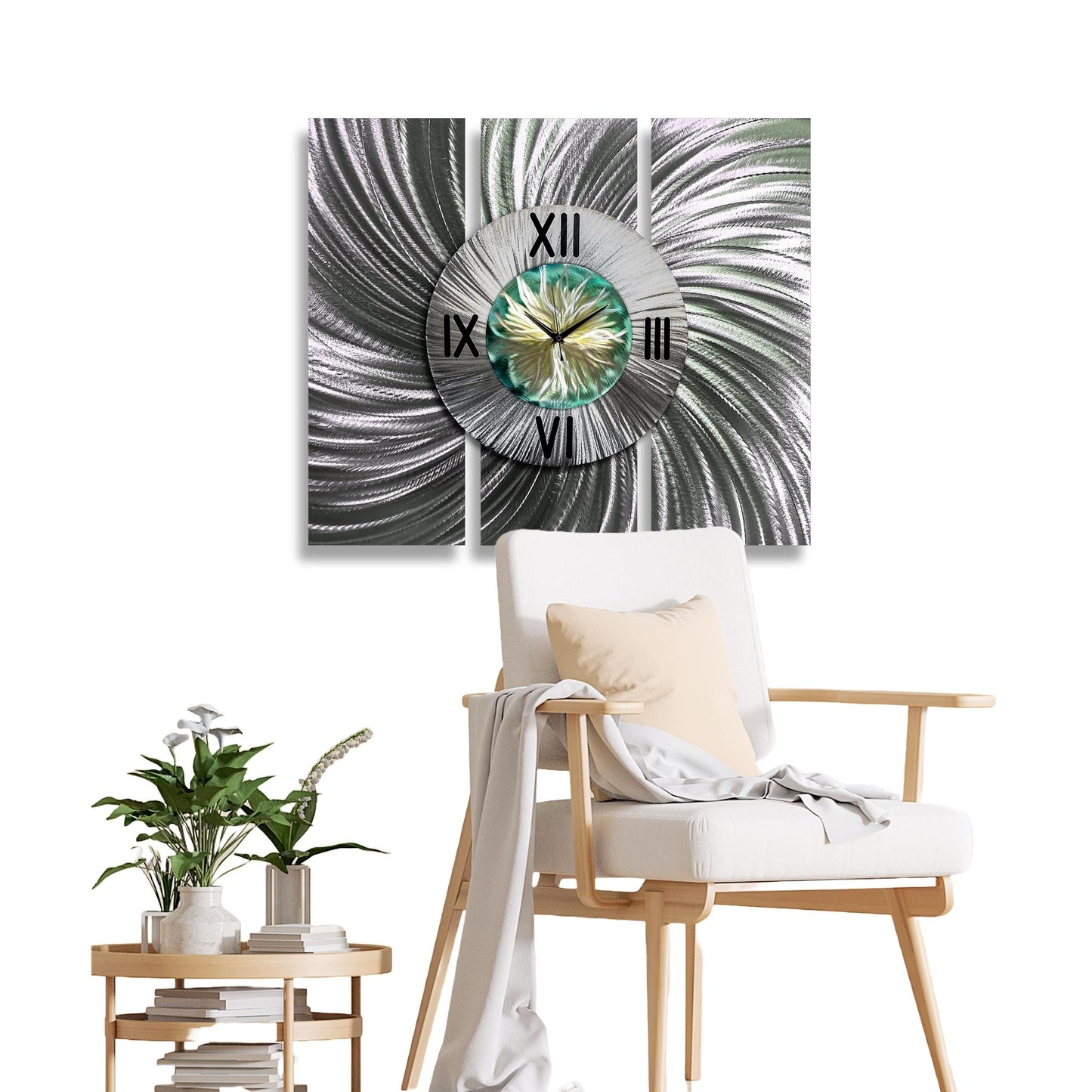 Contemporary Wall Clock Titled Sterling Bloom set - Modern Elements Metal Art - ME673567