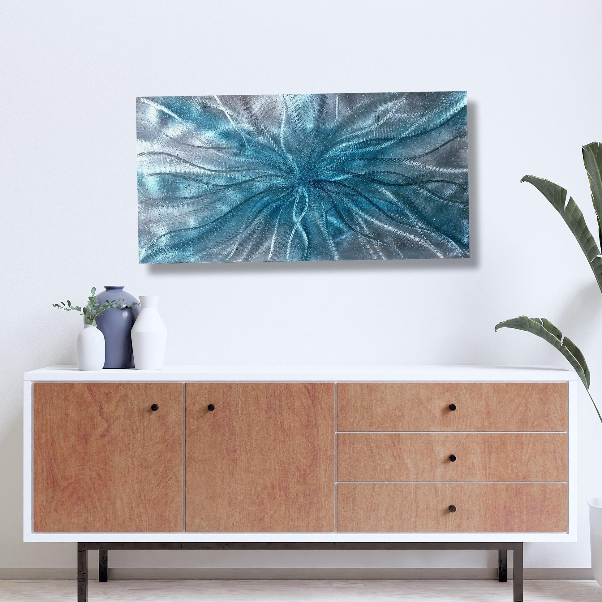 Crushed Glass Turquoise Metal Wall Art Titled "Radion" Limited Edition - Modern Elements Metal Art - ME967965HK